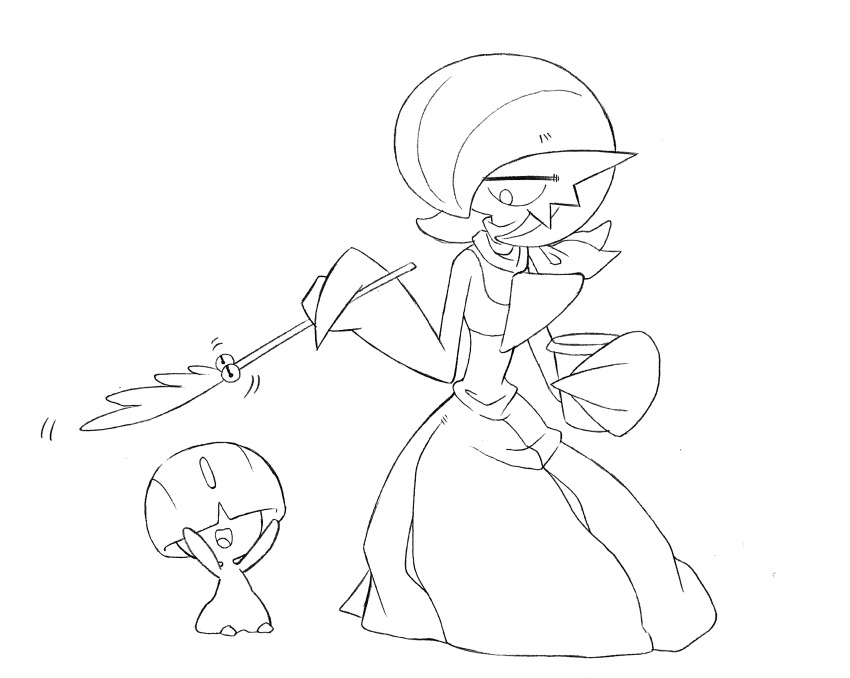 absurdres bob_cut bowl_cut cat_teaser dress gardevoir gen_3_pokemon hair_over_eyes hair_over_one_eye half-closed_eyes highres lineart nintendo open_mouth pokemon pokemon_(creature) ralts scarf simple_background smile superiordutchsauce white_background