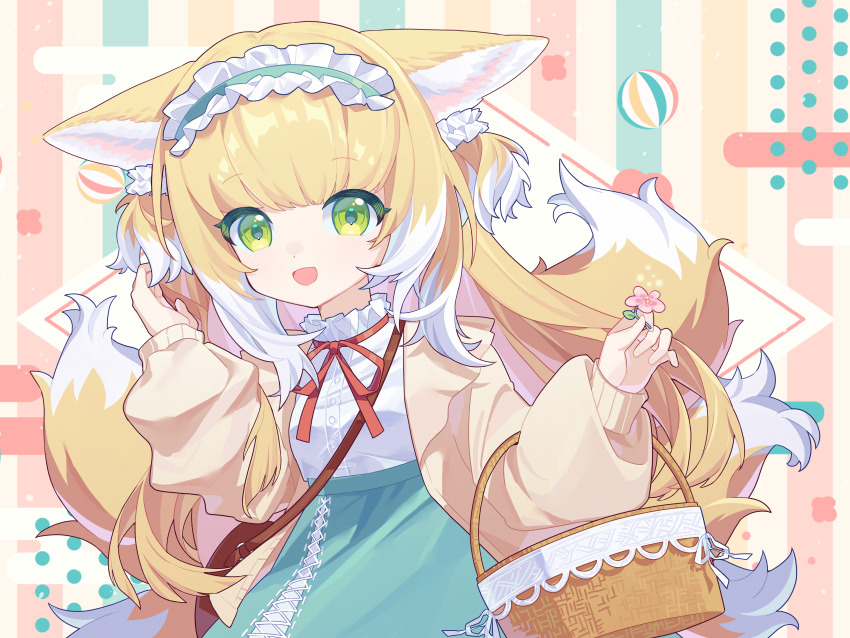 1girl absurdres animal_ears aqua_hairband aqua_skirt arknights basket blonde_hair cardigan colored_tips fox_ears fox_girl fox_tail frilled_hairband frills green_eyes hairband high-waist_skirt highres kitsune kyuubi long_hair long_sleeves looking_at_viewer miaoneko multicolored_hair multiple_tails neck_ribbon open_mouth puffy_long_sleeves puffy_sleeves red_ribbon ribbon shirt skirt solo suzuran_(arknights) tail white_hair white_shirt yellow_cardigan