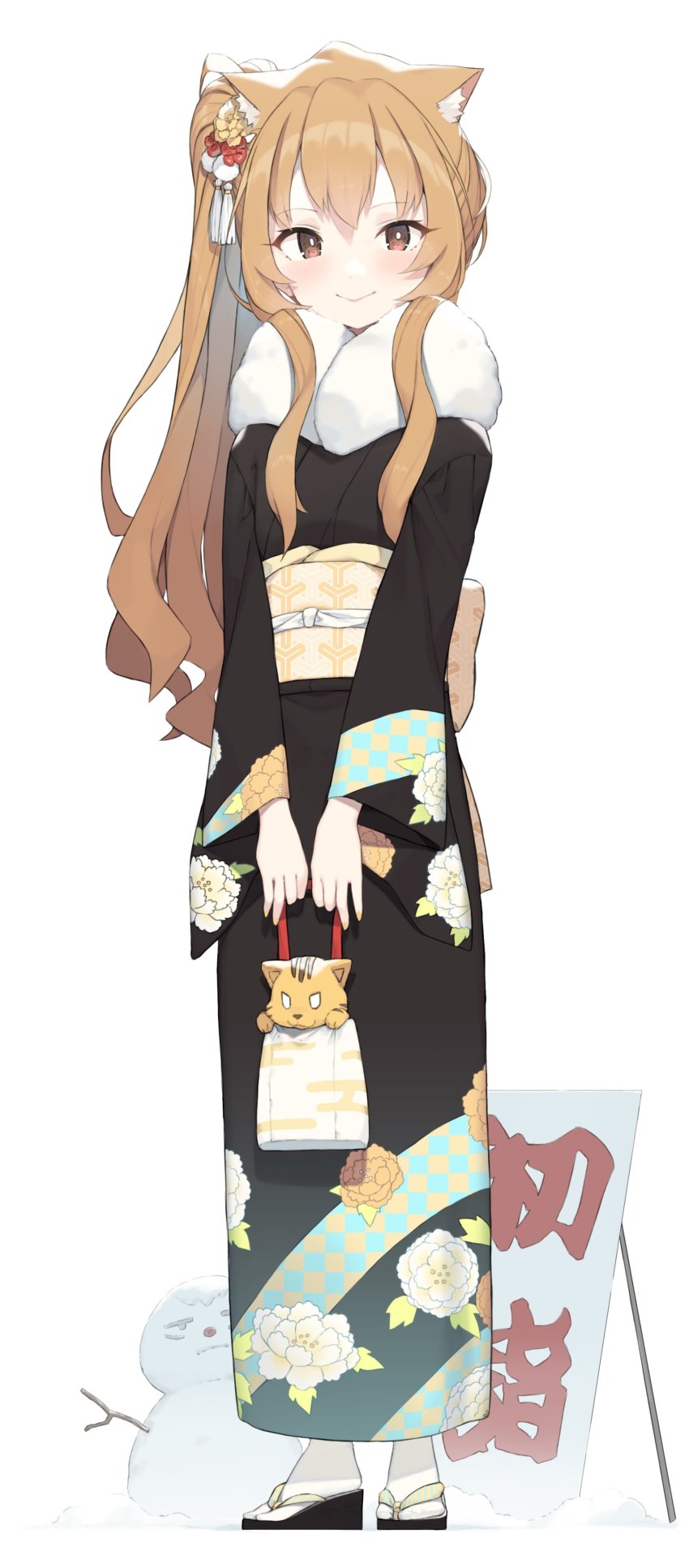 1girl absurdres aisaka_taiga animal_ear_fluff animal_ears black_kimono blush brown_eyes brown_hair cloba closed_mouth commentary_request floral_print full_body fur-trimmed_kimono fur_trim hair_ornament highres japanese_clothes kimono kinchaku long_hair long_sleeves looking_at_viewer obi palmtop_tiger pouch sandals sash simple_background smile snowman standing tabi toradora! white_background wide_sleeves yukata zouri