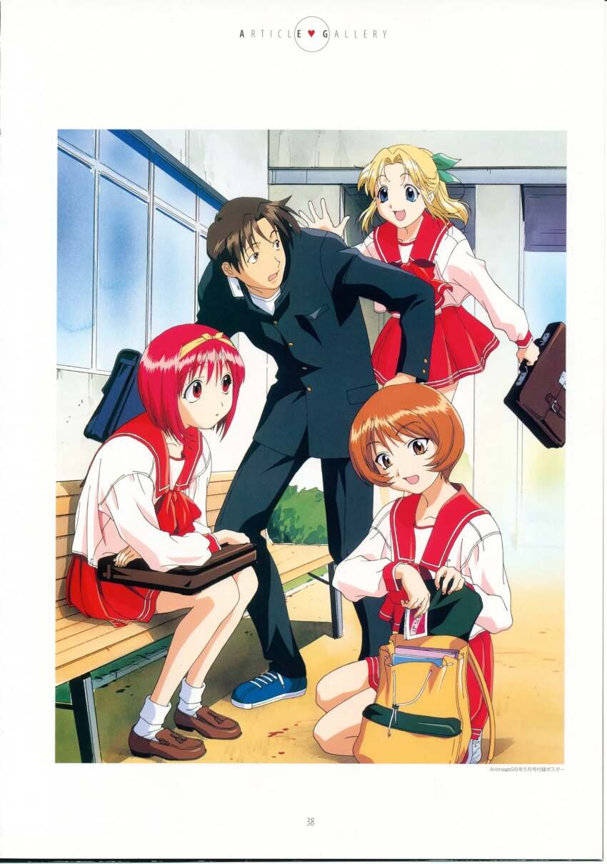 1girl 3girls bag blonde_hair blue_eyes brown_hair building bush collarbone day dot_nose fujita_hiroyuki full_body hair_between_eyes hair_ribbon highres holding holding_school_bag kamigishi_akari legs long_hair long_sleeves miyauchi_lemmy multiple_girls nagaoka_shiho official_art open_mouth outdoors red_eyes red_hair red_sailor_collar red_skirt ribbon sailor_collar school school_bag school_uniform serafuku shirt shoes short_hair sitting skirt sneakers socks standing to_heart to_heart_(series) white_shirt white_socks window