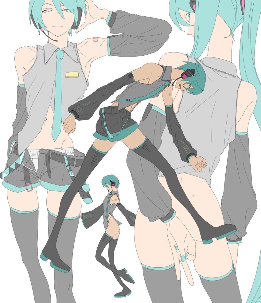 1girl adapted_costume aqua_eyes aqua_hair aqua_nails aqua_necktie ass back belt black_boots black_headphones black_shorts black_sleeves boots bottomless boxers breasts calvin_klein clenched_hands closed_mouth collared_shirt detached_sleeves empty_eyes expressionless from_side grey_shirt hair_between_eyes hand_on_headphones hatsune_miku headphones headset highres long_hair long_sleeves looking_at_viewer looking_back looking_to_the_side loose_belt male_underwear multiple_views necktie no_nose number_tattoo open_belt open_fly plzdom_c raised_eyebrow shirt short_hair short_shorts shorts skinny sleeveless sleeveless_shirt small_breasts tattoo thigh_boots twintails underwear v vocaloid walking white_background wing_collar