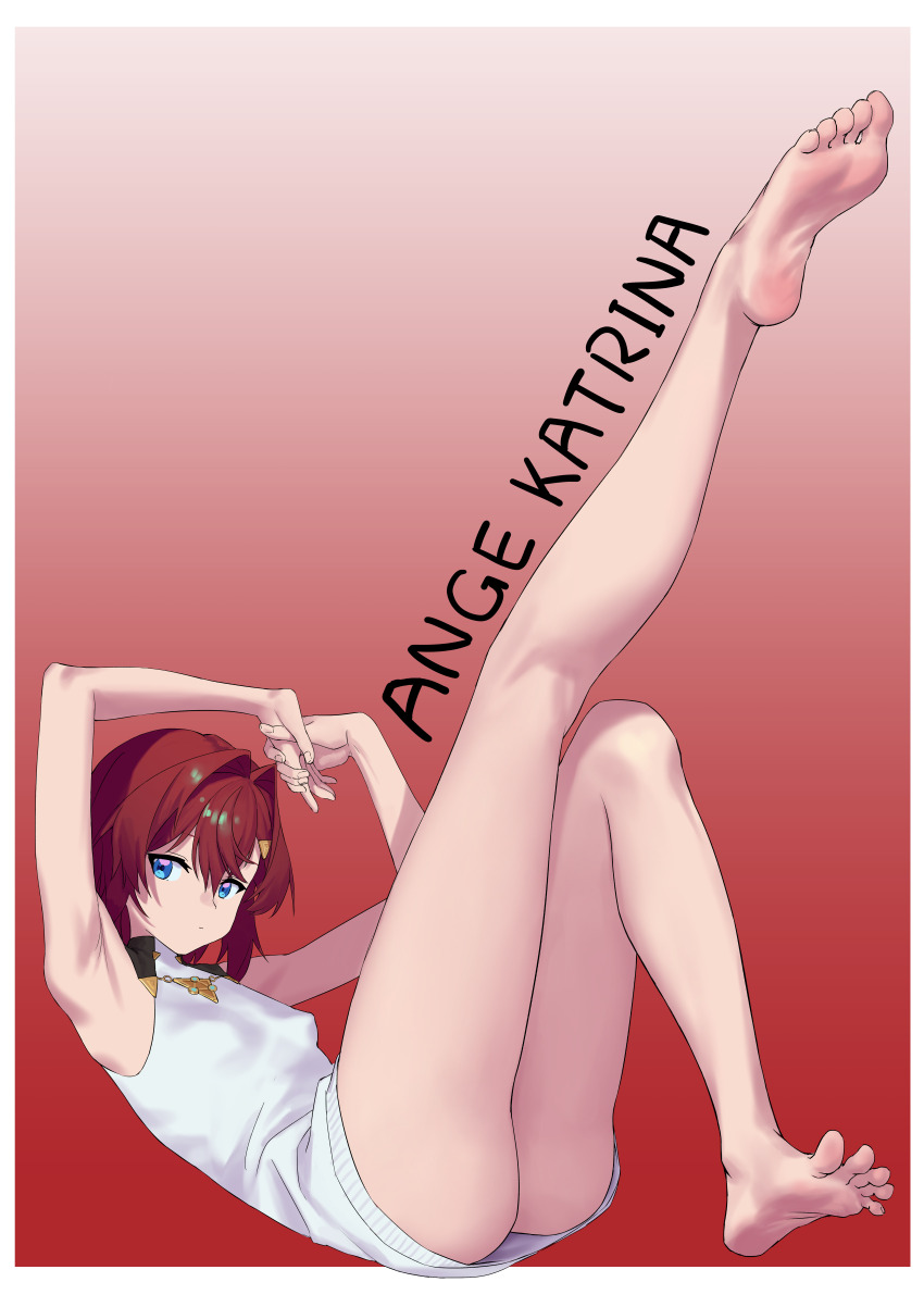 1girl absurdres ange_katrina ange_katrina_(1st_costume) armpits arms_up ass bare_arms bare_legs barefoot blue_eyes border breasts character_name closed_mouth collared_dress commentary_request dress feet from_side full_body gradient_background hair_between_eyes hair_intakes halter_dress halterneck highres knees_together_feet_apart leg_up legs leo_liao323 long_legs looking_at_viewer looking_to_the_side lying medium_hair nijisanji no_panties on_back outstretched_leg own_hands_together pink_background red_background red_hair short_dress sleeveless sleeveless_dress small_breasts soles spread_toes toes virtual_youtuber white_border white_dress