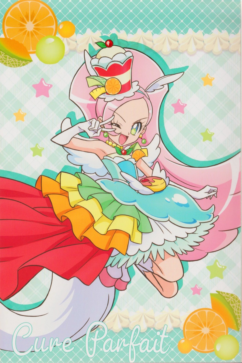 1girl animal_ears armpits bare_shoulders berry boots choker cure_parfait dress earrings elbow_gloves food food-themed_hair_ornament fruit gloves hair_ornament headband highres horse_ears jewelry kirahoshi_ciel kirakira_precure_a_la_mode kiwi_(fruit) leaf lemon long_hair looking_at_viewer multicolored_eyes official_art one_eye_closed oped orange_(fruit) parfait pearl_choker pearl_earrings pink_hair ponytail precure solo sparkle sparkling_eyes star_(symbol) strapless strapless_dress tail third-party_source v white_boots white_gloves white_tail white_wings wings