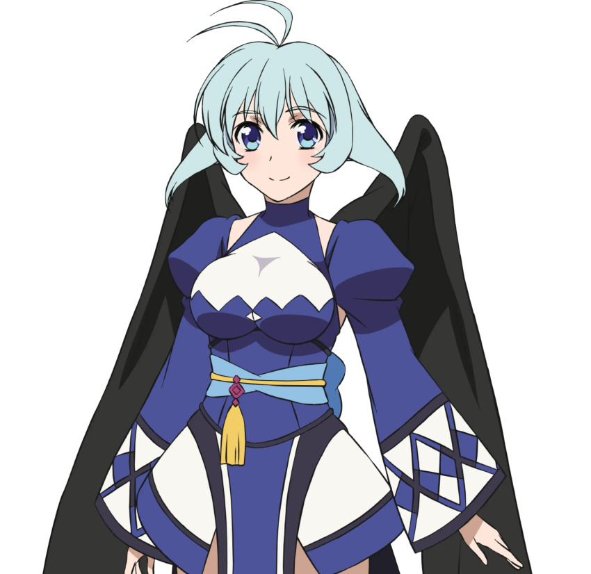 1girl absurdres ahoge ainu_clothes aquaplus black_wings blue_eyes blue_hair blush breasts closed_mouth cowboy_shot dress hair_between_eyes highres camyu large_breasts oversized_wings long_sleeves nakata_masahiko official_art puffy_sleeves raised_eyebrows smile solo thighs transparent_background utawarerumono utawarerumono:_futari_no_hakuoro utawarerumono:_itsuwari_no_kamen white_fox_(company) wide_sleeves wings