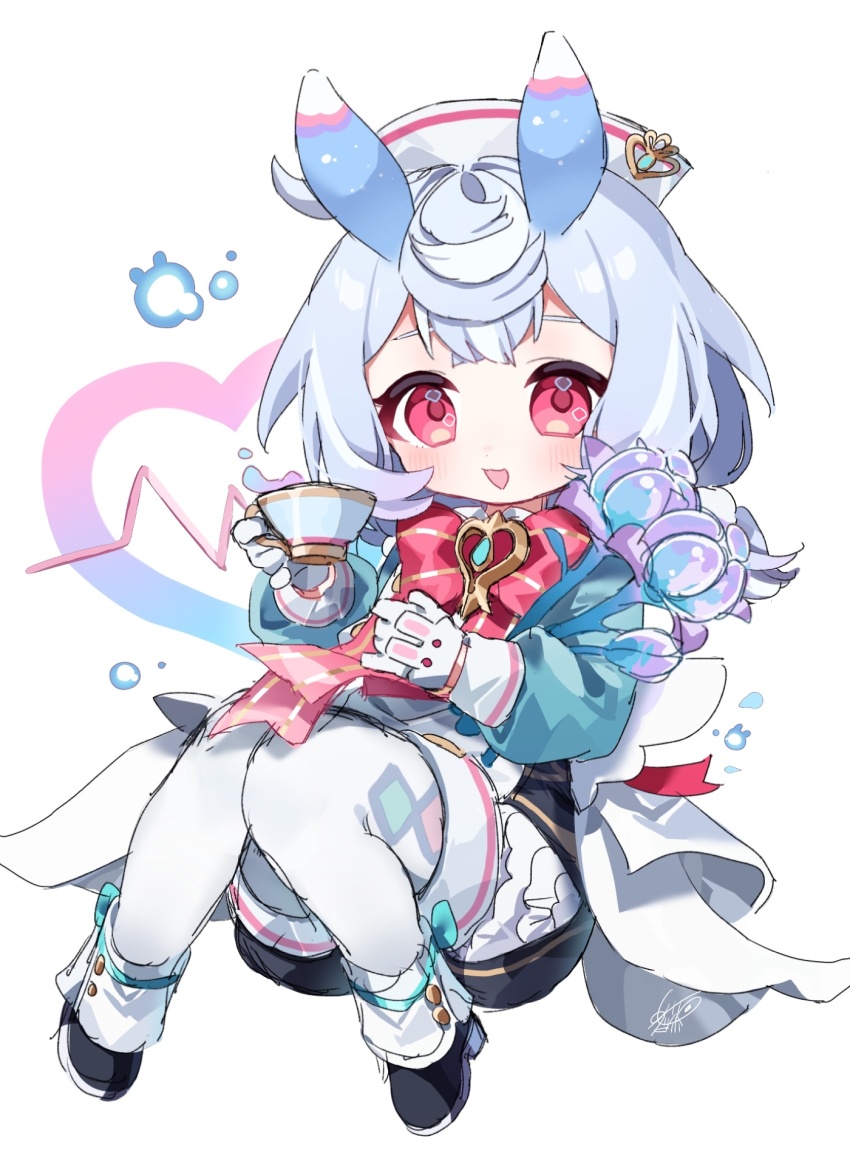 1girl :d animal_ears aqua_shirt artist_name black_shoes black_shorts blue_hair blush bow bowtie brooch bubble cardiogram commentary_request crossed_bangs cup flower full_body genshin_impact gloves gradient_hair hair_between_eyes hair_ornament hands_up hat heart highres holding holding_cup holding_flower jewelry long_sleeves looking_at_viewer low_twintails meda_cha medium_hair multicolored_hair nurse_cap open_mouth pantyhose pom_pom_(clothes) pom_pom_hair_ornament puffy_long_sleeves puffy_shorts puffy_sleeves purple_hair red_bow red_bowtie red_eyes red_ribbon ribbon romaritime_flower shirt shoes short_shorts shorts sidelocks sigewinne_(genshin_impact) signature simple_background smile solo teacup twintails white_background white_gloves white_hat white_pantyhose