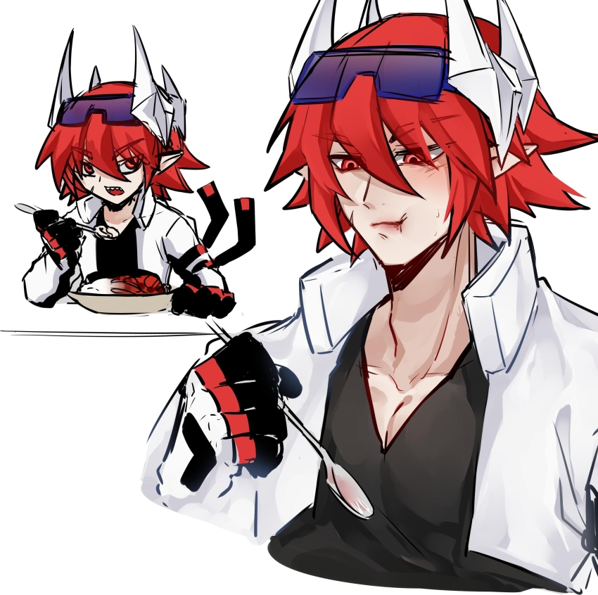 1boy absurdres aotu_world armband black_gloves black_shirt chinese_commentary closed_mouth collarbone eating eyewear_on_head food gloves goggles goggles_on_head hair_between_eyes headgear high_collar highres holding holding_spoon jacket male_focus multicolored_gloves multiple_views open_clothes open_jacket open_mouth pectoral_cleavage pectorals pius_(aotu_world) plate pointy_ears red_eyes red_hair scar scar_on_face shirt short_hair simple_background spoon tinted_eyewear upper_body white_background white_gloves white_jacket xiaoqi141
