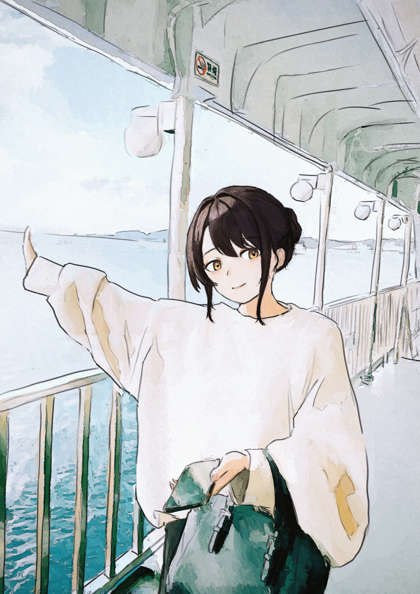 1girl absurdres bag black_bag black_hair cellphone closed_mouth commentary_request cowboy_shot day fence hair_bun hair_intakes handbag highres holding holding_bag holding_phone iron_fence long_sleeves looking_at_viewer ocean on_ship orange_eyes original outstretched_arm parted_bangs phone ponta_(matsuokazieg) scenery shore sidelocks sign single_hair_bun sky smartphone smile solo standing sweater wall_lamp water white_sweater wide_sleeves