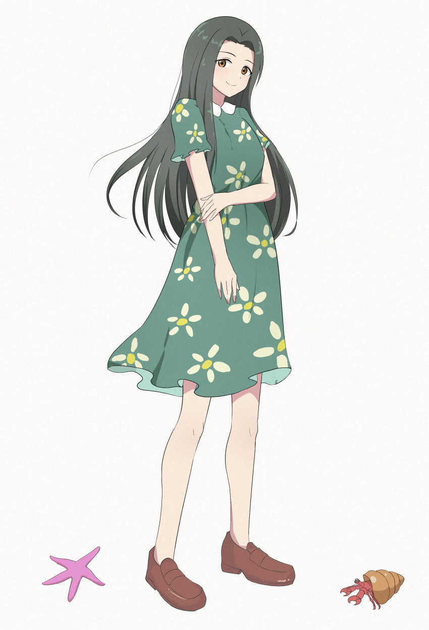 1girl absurdres animal arm_at_side birthday black_hair breasts brown_eyes brown_shoes closed_mouth commentary_request crab dress fingernails floral_print_dress full_body green_dress grey_background hand_on_own_arm hand_up hermit_crab highres idolmaster idolmaster_cinderella_girls knees loafers long_hair looking_at_viewer nail_polish pink_nails pupa_(sakumalove97) seashell sena_shiori_(idolmaster) shell shoes simple_background smile solo standing starfish straight_hair