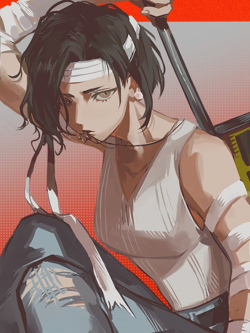 1girl aged_down arm_up bandaged_arm bandaged_hand bandages bare_shoulders black_hair blue_pants earrings gradient_background hand_up highres holding_pendant jewelry komeokun looking_at_viewer mouth_hold pants qi_xing_(reverse:1999) red_background reverse:1999 short_hair solo star_pendant stud_earrings tank_top torn_clothes torn_pants white_tank_top yellow_eyes