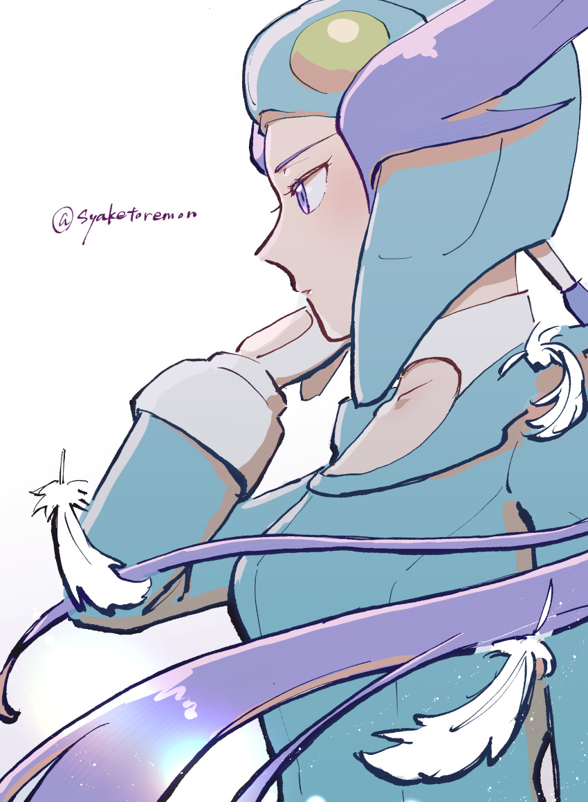1girl absurdres feathers from_side helmet highres kirinogi_(syaketoremon) nintendo pilot_helmet pokemon pokemon_oras purple_eyes purple_hair simple_background solo white_background winona_(pokemon)