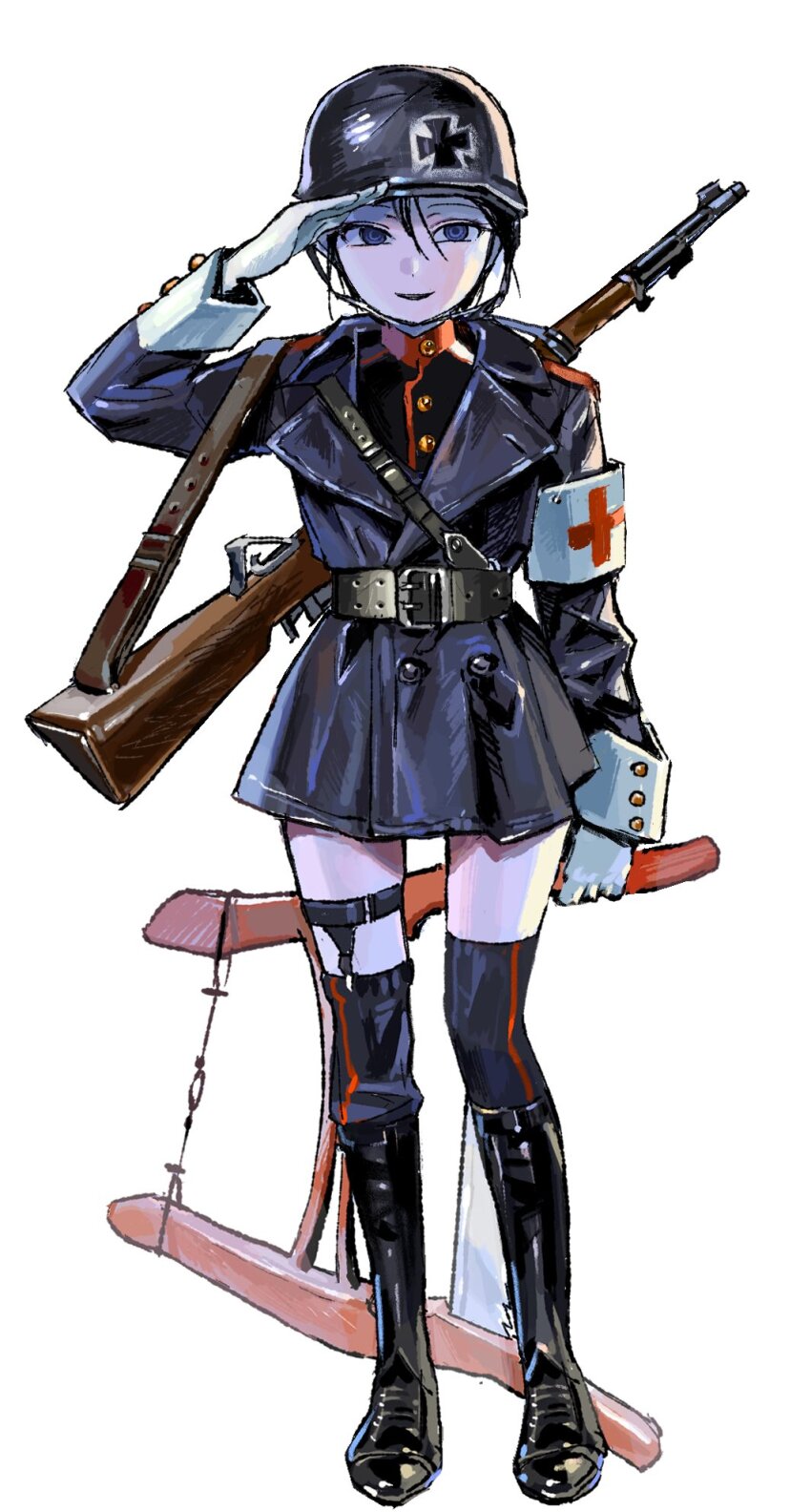 1girl belt black_hair black_hat black_jacket black_shoes black_thighhighs blue_eyes bolt_action bonesaw boots coat cross full_body gloves gun hat helmet highres iron_cross jacket knee_boots legwear_garter mauser_98 military min_do-sik original red_cross rifle salute saw shoes short_hair simple_background solo thighhighs trench_coat weapon weapon_on_back white_background white_gloves world_war_ii