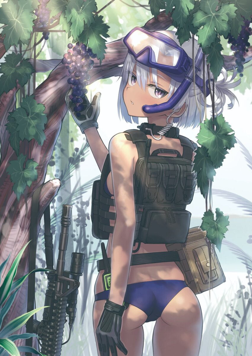 1girl ass assault_rifle belt bikini black_gloves blue_bikini cowboy_shot diving_mask earpiece food from_behind fruit gloves goggles grape_vine grapes grey_eyes gun highres load_bearing_vest looking_at_viewer looking_back m4_carbine original revision rifle samaru_(seiga) serious short_hair side_ponytail snorkel solo swimsuit tree utility_belt wading walkie-talkie weapon white_hair