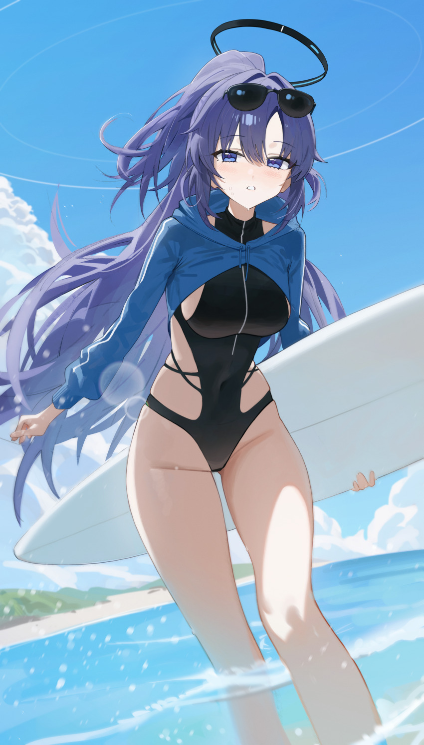 1girl absurdres alternate_costume black-framed_eyewear black_halo black_one-piece_swimsuit blue_archive blue_eyes blue_hoodie blue_sky covered_navel cropped_hoodie eyewear_on_head groin hair_between_eyes halo highres holding holding_surfboard hood hood_down hoodie light_blush long_hair looking_at_viewer mechanical_halo ocean one-piece_swimsuit parted_bangs ponytail purple_hair renn_01 shore sky solo splashing sunglasses surfboard swimsuit thighs vertical-striped_sleeves very_long_hair wading yuuka_(blue_archive)