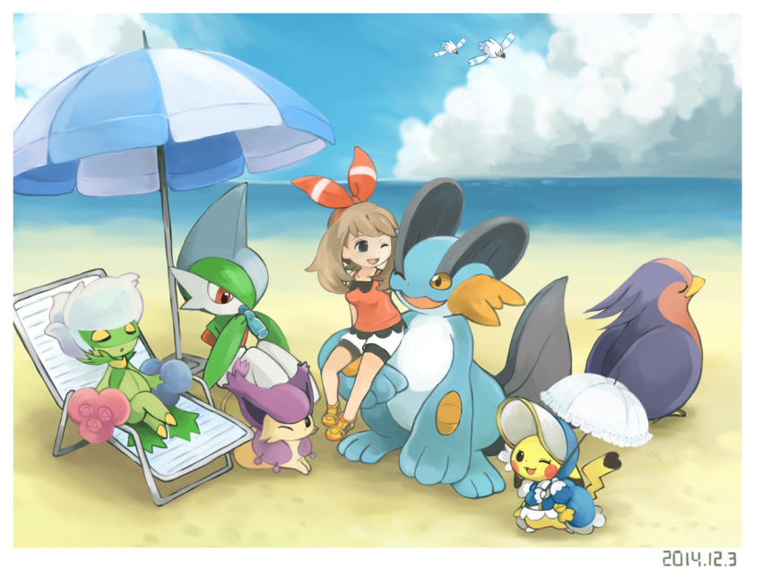 1boy 2girls beach beach_chair beach_umbrella bonnet border brown_hair commentary_request cosplay_pikachu dated delcatty gallade gen_1_pokemon gen_3_pokemon gen_4_pokemon konanbo may_(pokemon) multiple_girls nintendo one_eye_closed open_mouth outdoors parasol pikachu pikachu_belle pokemon pokemon_(creature) pokemon_oras ramune red_shirt roserade shirt shorts swampert swellow umbrella white_border white_shorts wingull