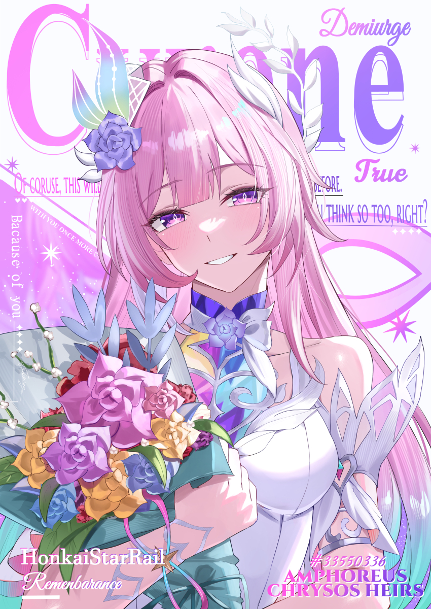 1girl absurdres armlet bare_shoulders blush bouquet breasts character_name commentary cover cyrene_(honkai:_star_rail) cyrene_(ripples_of_past_reverie)_(honkai:_star_rail) diamond-shaped_pupils diamond_(shape) dress fake_magazine_cover flower gradient_hair hair_flower hair_ornament highres holding holding_bouquet honkai:_star_rail honkai_(series) jewelry long_hair looking_at_viewer magazine_cover medium_breasts miya-chan_(lightning0730) multicolored_hair parted_lips pink_hair purple_eyes purple_flower purple_rose rose smile solo symbol-shaped_pupils upper_body white_dress