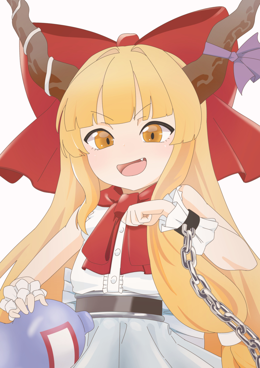 1girl blonde_hair blush bow bowtie buttons center_frills chain cowboy_shot fang frills gourd hair_bow highres holding holding_gourd horn_bow horn_ornament horns ibuki_suika kurohiba long_hair oni open_mouth orange_eyes purple_bow red_bow red_bowtie shirt simple_background sleeveless sleeveless_shirt smile solo touhou upper_body very_long_hair white_background white_shirt wrist_cuffs