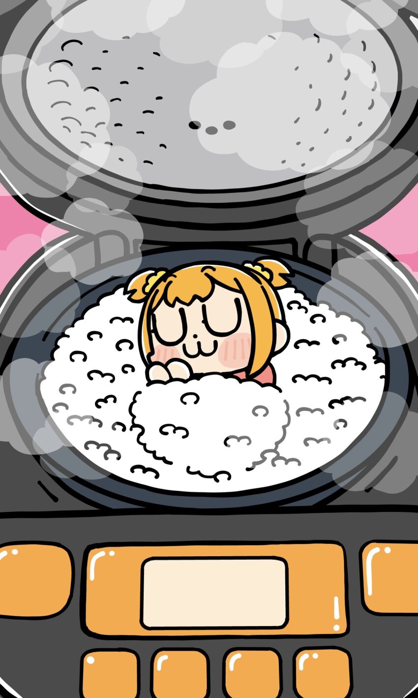 1girl :3 bkub blush_stickers chibi chibi_only closed_eyes closed_mouth dot_nose food hair_ornament hair_scrunchie highres official_art orange_hair pink_background poptepipic popuko rice rice_cooker scrunchie short_hair sidelocks simple_background sleeping solo two_side_up yellow_scrunchie