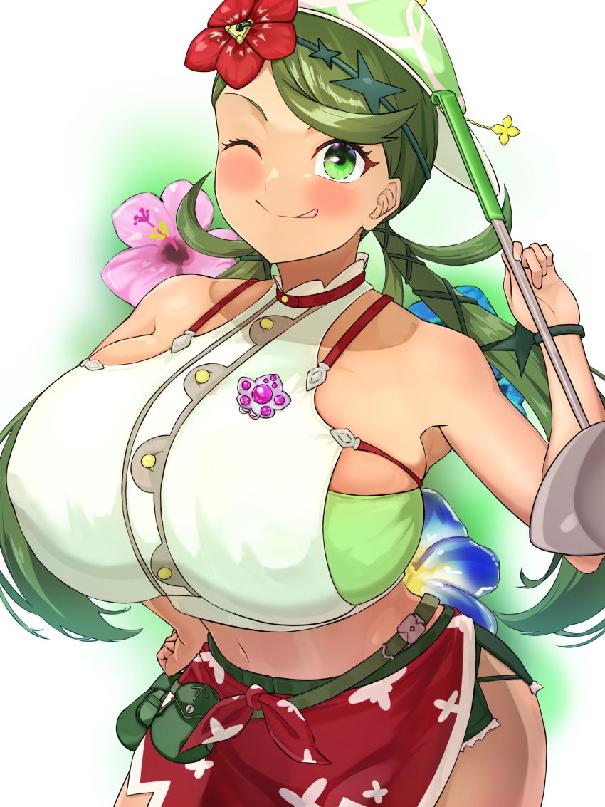 1girl absurdres aged_up alternate_costume bare_shoulders belt belt_pouch blush breasts clothing_cutout commentary_request cowboy_shot crop_top dark-skinned_female dark_skin flower green_belt green_eyes green_hair green_headband green_headwear green_shorts green_tube_top hair_flower hair_ornament hat headband highres hizakake holding holding_ladle huge_breasts ladle long_hair looking_at_viewer low_twintails mallow_(pokemon) midriff navel nintendo one_eye_closed pink_flower pokemon pokemon_sm pouch red_flower red_sarong sarong shirt short_shorts shorts side_cutout sleeveless sleeveless_shirt smile solo standing strapless swept_bangs tongue tongue_out tube_top twintails white_background white_shirt