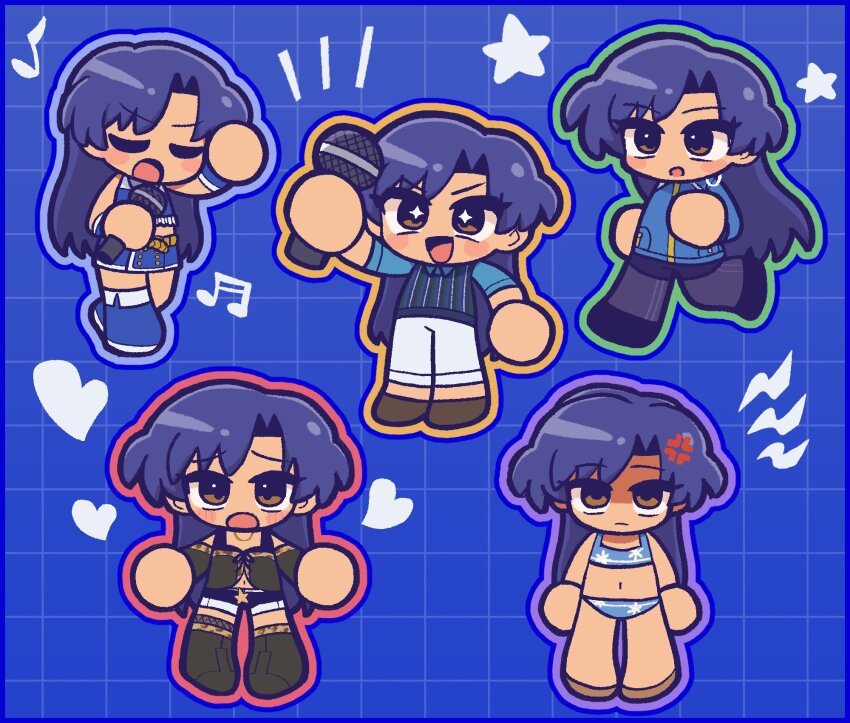 +_+ 1girl anger_vein beauty_swimsuit_(idolmaster) bikini black_pants blue_background blue_bikini blue_boots blue_hair blue_jacket blue_outline blue_skirt blue_vest blush_stickers boots brown_eyes brown_shoes cartoonized chibi closed_eyes diamond-shaped_pupils diamond_(shape) fis_(t83192933) flat_chest forehead green_outline grid_background gyaru heart highres holding holding_microphone idolmaster idolmaster_(classic) idolmaster_million_live! idolmaster_million_live!_theater_days jacket kisaragi_chihaya long_hair luxury_(idolmaster) microphone midriff miniskirt multiple_views musical_note navel official_alternate_costume onitsuyo_mind_(idolmaster) orange_outline outline pants parted_bangs purple_outline red_outline revision shaded_face shirt shoes sidelocks skirt sleeveless sleeveless_shirt smile star_(symbol) straight_hair striped_clothes striped_vest swimsuit symbol-shaped_pupils toon_(style) v-shaped_eyebrows vertical-striped_clothes vertical-striped_vest vest white_pants