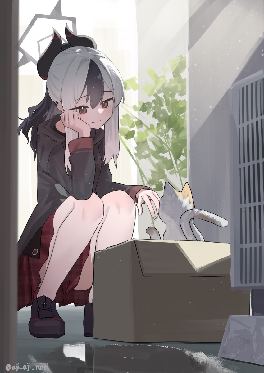 1girl absurdres aji_aji_nori bare_legs black_hair black_hoodie black_shoes blue_archive box cardboard_box cat demon_horns earclip grey_hair halo hand_on_own_cheek hand_on_own_face highres hood hoodie horns kayoko_(blue_archive) light_smile looking_at_animal multicolored_hair outdoors red_skirt shoes sidelocks skirt solo squatting two-tone_hair