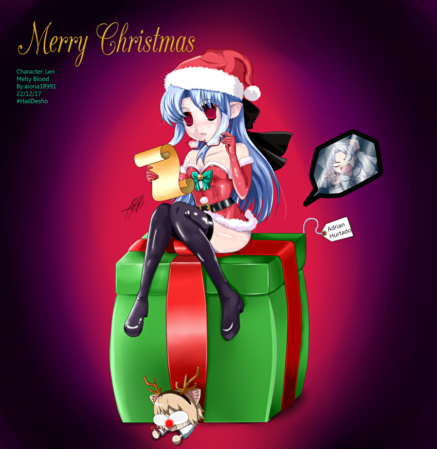 3girls absurdres aioria18991 animal_costume antlers blue_hair bow box christmas cosplay crying dual_persona hair_bow hat highres horns in_box in_container len_(tsukihime) long_hair melty_blood multiple_girls pointy_ears red_eyes reindeer_antlers reindeer_costume rudolph_the_red_nosed_reindeer rudolph_the_red_nosed_reindeer_(cosplay) santa_hat short_hair skirt thighhighs tsukihime type-moon white_len_(tsukihime)