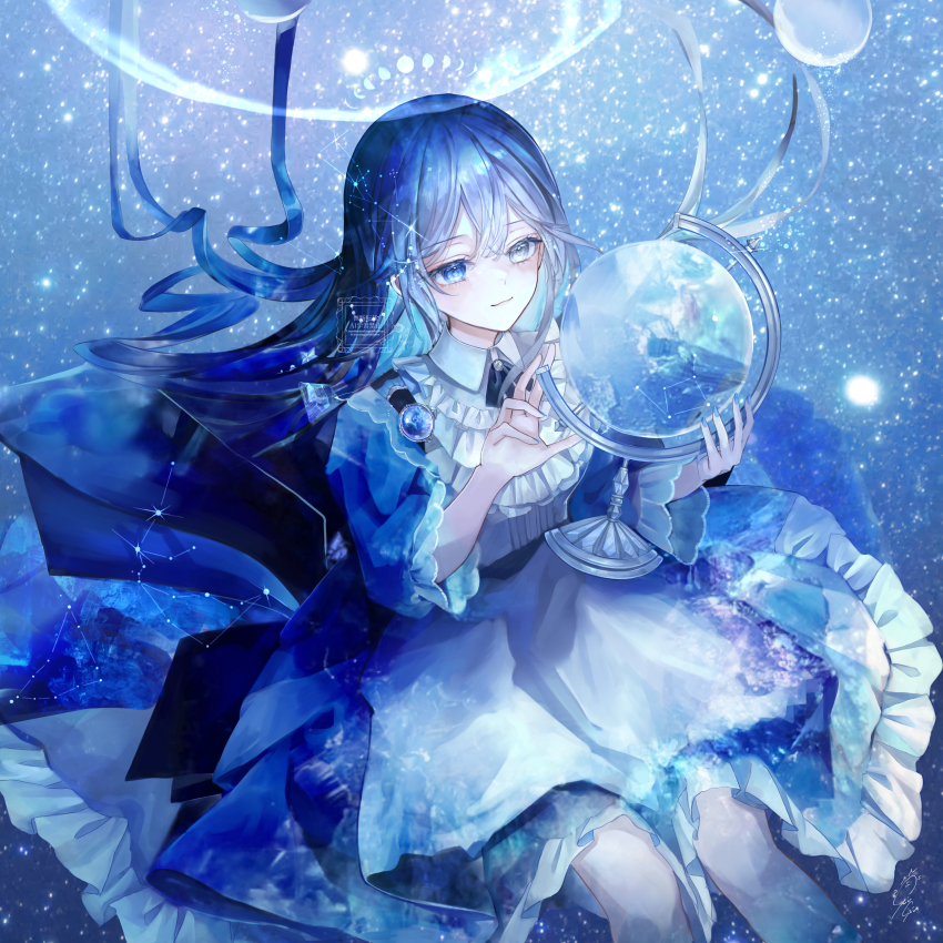 1girl absurdres blue_dress blue_eyes blue_gemstone blue_hair blue_nails blue_ribbon commentary_request constellation crescent_moon dress full_moon gem gibbous_moon globe grey_eyes grey_hair hair_between_eyes half_moon heterochromia highres light_smile long_hair looking_at_object moon moon_phases multicolored_hair original ribbon seisaiminty short_sleeves solo star_(sky) star_(symbol) two-tone_hair