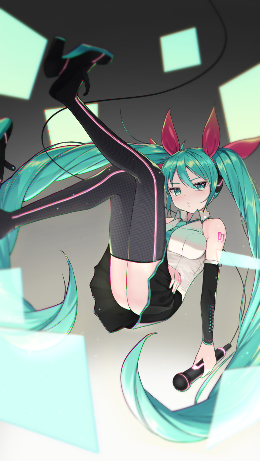 1girl absurdres ass black_thighhighs blue_hair detached_sleeves floating hair_between_eyes hatsune_miku highres holding holding_microphone jungki_dr legs_up long_hair looking_at_viewer microphone parted_lips red_ribbon ribbon solo thighhighs twintails very_long_hair vocaloid