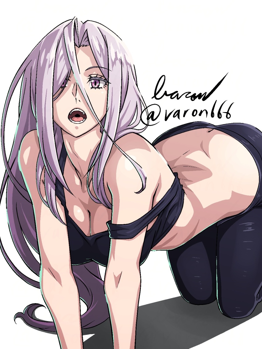 1girl baron_(varon666) bent_over breasts cleavage fuuto_tantei highres kamen_rider kamen_rider_w large_breasts long_hair looking_at_viewer midriff open_mouth purple_eyes purple_hair solo tokime_(fuuto_tantei) varon