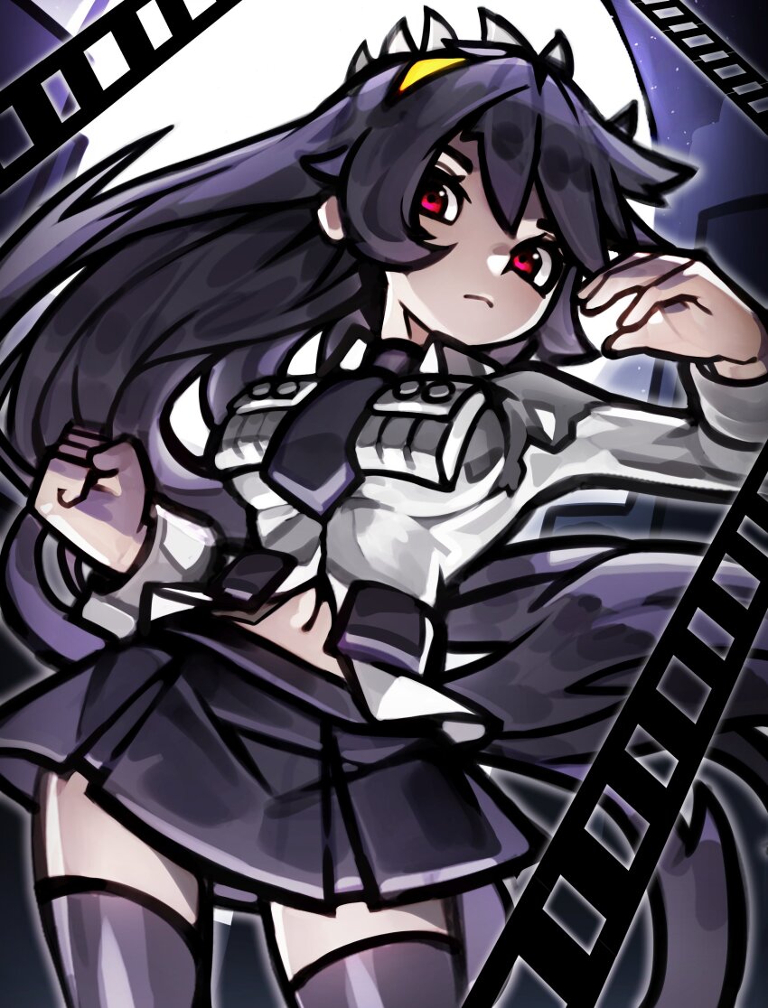 1girl absurdres cowboy_shot filia_(skullgirls) film_strip highres hoai_vu long_hair looking_at_viewer navel necktie pleated_skirt red_eyes red_hair samson_(skullgirls) school_uniform skirt skullgirls solo thighhighs