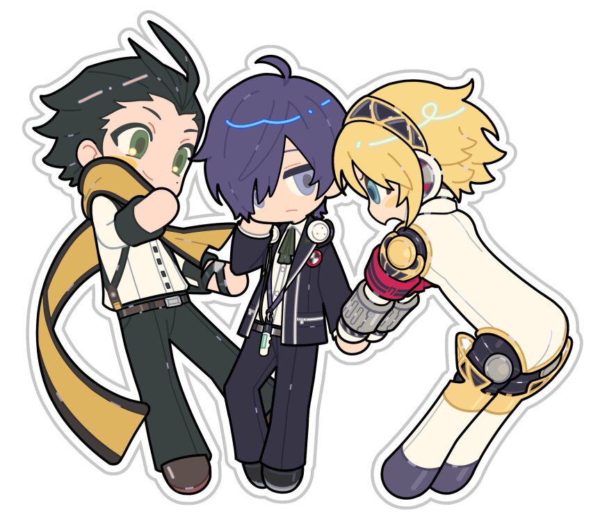 1girl 2boys aigis_(persona) belt black_belt black_footwear black_jacket black_ribbon blonde_hair blue_eyes blue_hair brown_footwear buttons digital_media_player digital_walkman dress_shirt gekkoukan_high_school_uniform green_eyes hair_slicked_back headphones headphones_around_neck highres holding_hands jacket jitome layered_sleeves long_scarf long_sleeves looking_at_another mochizuki_ryouji multiple_boys neck_ribbon open_mouth oxnxgolfqt76300 pants persona persona_3 ribbon scarf school_uniform shirt shirt_tucked_in sleeve_cuffs smile walkman_nw-s203f white_background white_shirt yellow_scarf yuuki_makoto_(persona_3)