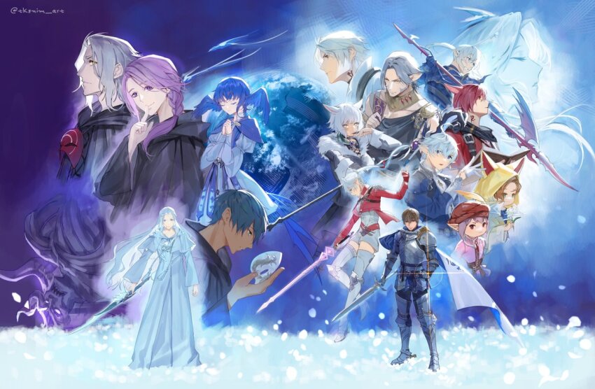 6+boys 6+girls adventurer_(ff14) alisaie_leveilleur alphinaud_leveilleur animal_ears animal_hood armor black_robe blue_hair cape capelet cat_ears cat_hood cropped_jacket dark-skinned_male dark_skin elezen elf emet-selch estinien_varlineau final_fantasy final_fantasy_xiv final_fantasy_xiv:_endwalker g&#039;raha_tia grey_hair head_wings hermes_(ff14) hood hooded_capelet hydaelyn hythlodaeus hyur jacket krile_baldesion_(ff14) lalafell mask mask_around_neck meteion miqo&#039;te multiple_boys multiple_girls planet pointy_ears polearm purple_hair red_jacket robe spear staff standing sword tataru_taru thancred_waters tk_(tksnim) urianger_augurelt venat_(ff14) warrior_of_light_(ff14) weapon white_hair white_robe wings y&#039;shtola_rhul zodiark_(ff14)