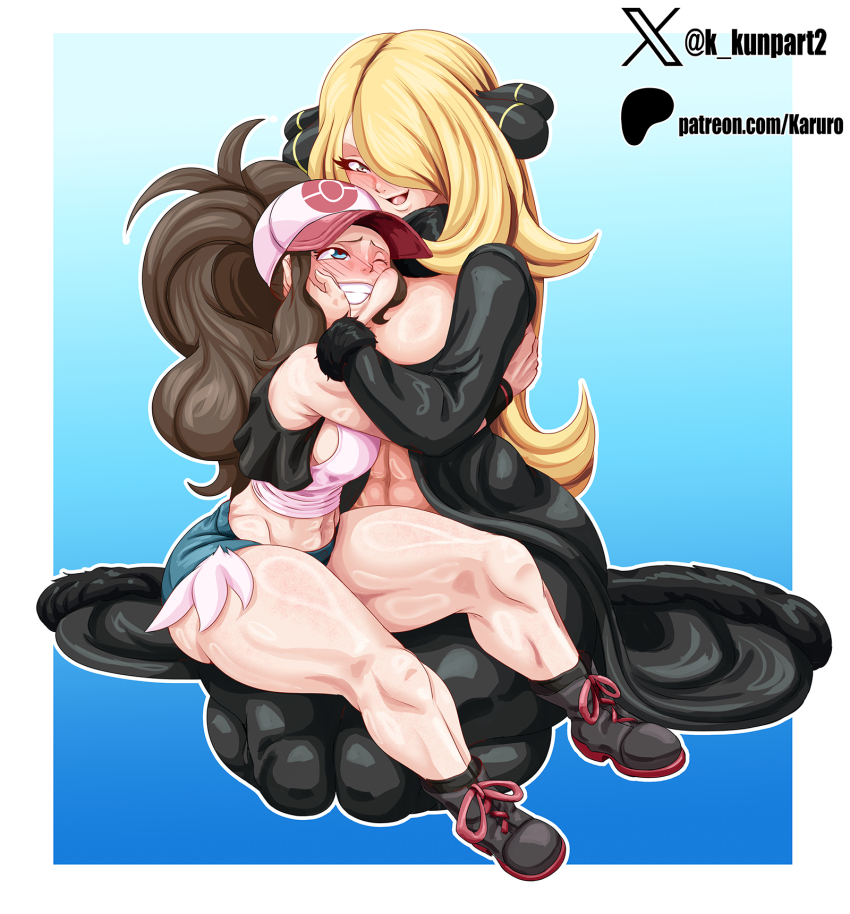 2girls abs artist_name bare_shoulders baseball_cap black_boots black_coat black_pants black_vest blonde_hair blue_background blue_eyes blush boots border breasts brown_hair caressing_cheek cleavage coat cynthia_(pokemon) full_body gradient_background grin hair_ornament hair_over_one_eye hat highres hilda_(pokemon) hug karuro-kun kneeling large_breasts legs long_hair long_sleeves medium_breasts multiple_girls nintendo one_eye_closed open_mouth outline pants pokemon pokemon_bw pokemon_dppt ponytail seiza shorts sidelocks simple_background sitting sitting_on_person sleeveless smile tank_top thick_thighs thighs vest white_border white_outline yuri