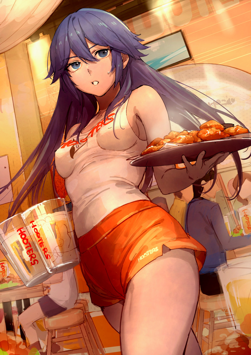 1girl absurdres alcohol alternate_costume bare_shoulders beer beer_mug blue_eyes blue_hair brand_of_the_exalt breasts chair chicken_(food) chicken_wing covered_erect_nipples cup dolphin_shorts employee_uniform falchion_(fire_emblem) fire_emblem fire_emblem_awakening food hair_between_eyes highres holding hooters indoors long_hair lucina_(fire_emblem) medium_breasts moyashi_mou2 mug nintendo no_legwear onion_rings open_mouth orange_shorts print_tank_top short_shorts shorts sideboob small_breasts smile solo sweatdrop table tank_top thighs tiara waitress