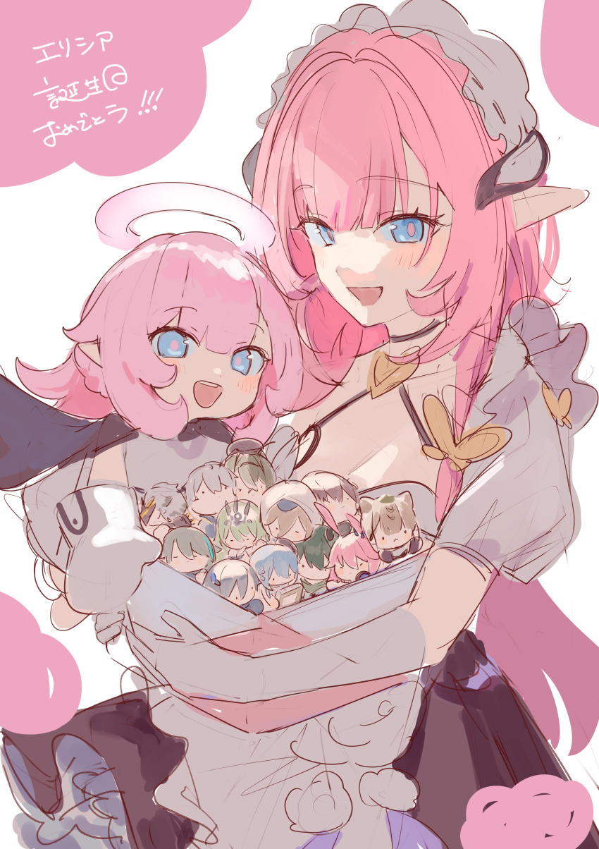 ._. 2girls :d absurdres aponia birthday blue_eyes blush commentary_request eden_(honkai_impact) elf_elysia elysia_(honkai_impact) elysia_(miss_pink)_(honkai_impact) elysia_(miss_pink_elf)_(honkai_impact) fu_hua fu_hua_(shadow_knight) gloves griseo griseo_(starry_impression) halo happy_birthday highres holding honkai_(series) honkai_impact_3rd kalpas_(honkai_impact) kevin_kaslana kosma looking_at_viewer maid maid_headdress mobius_(honkai_impact) multiple_girls official_alternate_costume open_mouth pardofelis pink_hair pointy_ears roena simple_background sketch smile su_(honkai_impact) translation_request vill-v white_background white_gloves yae_sakura yae_sakura_(goushinnso_memento)
