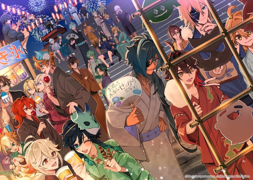 6+boys aether_(genshin_impact) albedo_(genshin_impact) alhaitham_(genshin_impact) animal_ears aqua_eyes aranara_(genshin_impact) arataki_itto baizhu_(genshin_impact) bennett_(genshin_impact) black_hair blonde_hair blue_hair blue_kimono boo_tao_(genshin_impact) braid brown_hair chongyun_(genshin_impact) closed_mouth cotton_candy cup cyno_(genshin_impact) dainsleif_(genshin_impact) dark-skinned_male dark_skin diluc_(genshin_impact) dog_ears drum dvalin_(genshin_impact) fireworks food fox_ears freminet_(genshin_impact) gaming_(genshin_impact) genshin_impact gorou_(genshin_impact) green_kimono grey_hair hair_between_eyes hand_fan highres hiki_yuichi hilichurl_(genshin_impact) holding holding_cotton_candy holding_cup holding_food instrument japanese_clothes kaedehara_kazuha kaeya_(genshin_impact) kamisato_ayato kaveh_(genshin_impact) kimono long_hair long_sleeves lyney_(genshin_impact) mask mask_on_head mika_(blue_archive) mika_(genshin_impact) multicolored_hair multiple_boys neuvillette_(genshin_impact) night night_sky one_eye_closed open_mouth orange_hair purple_eyes razor_(genshin_impact) red_hair red_kimono scaramouche_(genshin_impact) sethos_(genshin_impact) shikanoin_heizou sky slime_(genshin_impact) smile tartaglia_(genshin_impact) thoma_(genshin_impact) tighnari_(genshin_impact) twin_braids venti_(genshin_impact) white_kimono wriothesley_(genshin_impact) xiao_(genshin_impact) xingqiu_(genshin_impact) zhongli_(genshin_impact)