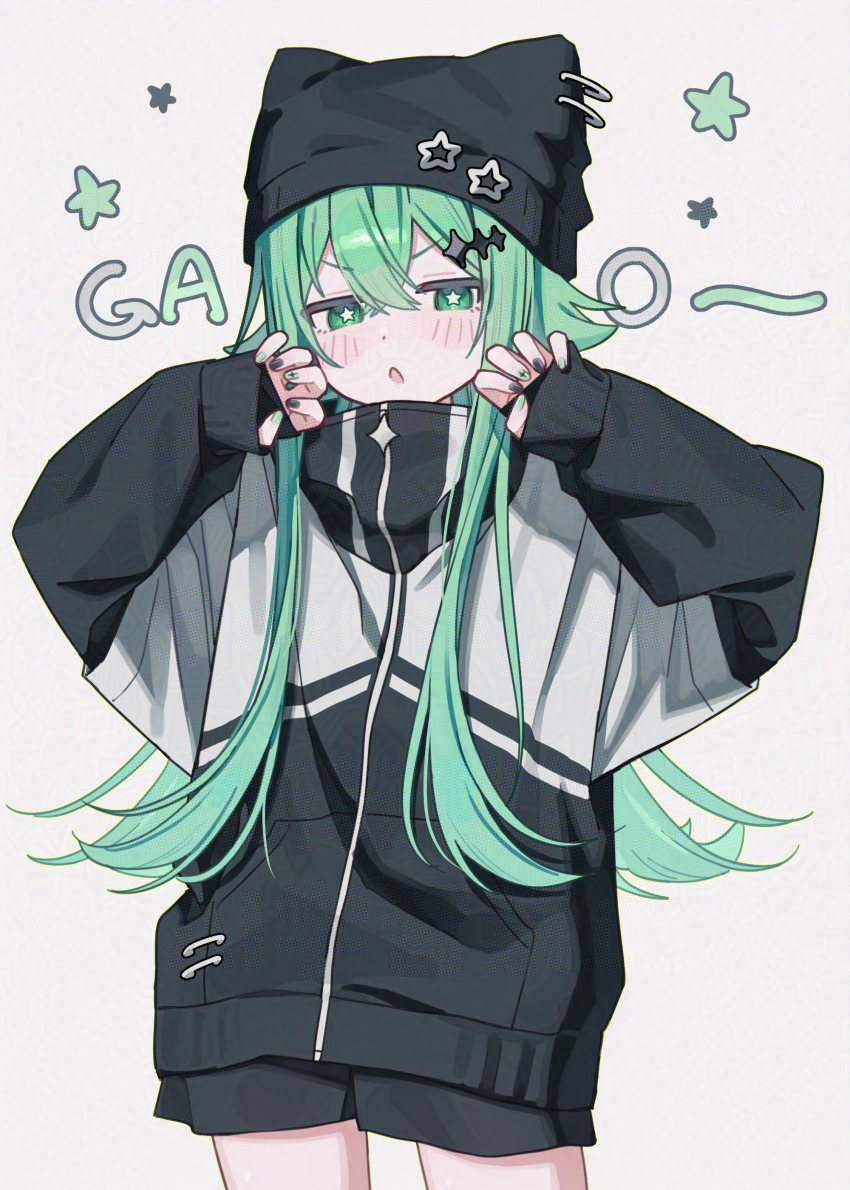 1girl absurdres animal_ear_headwear animal_ears animal_hat black_hat black_jacket black_nails black_shorts blush cat_hat claw_pose cowboy_shot dot_nose fake_animal_ears flipped_hair green_eyes green_hair green_nails hair_flaps hat hat_ornament highres jacket long_hair multicolored_jacket multicolored_nails namin_(anjpzaobmhbppxs) nanase_(namin) open_mouth original paperclip shorts sidelocks solo sparkle_hair_ornament star-shaped_pupils star_(symbol) star_hat_ornament symbol-shaped_pupils two-tone_jacket two-tone_nails v-shaped_eyebrows very_long_hair white_jacket