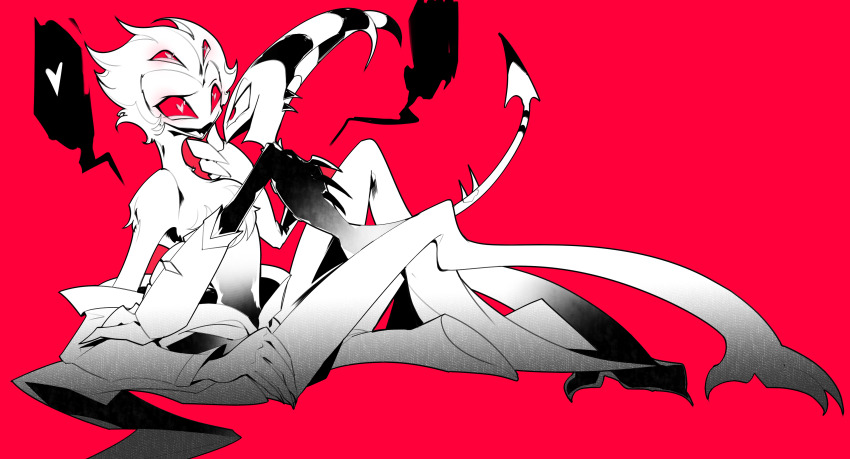 2boys absurdres black_feathers blitzo_(helluva_boss) blush boy_on_top demon_boy demon_horns demon_tail extra_eyes face-to-face feathers formal_clothes heart helluva_boss highres horns lying multiple_boys pink_background red_eyes stolas_(helluva_boss) suit tail zhu_xing_pupupu