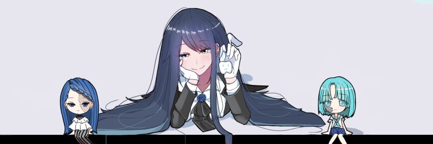 3girls ado_(utaite) akuru-chan_(ado) aqua_hair aqua_neckerchief bandaid bandaid_on_face black_eyes black_hair black_pants black_ribbon black_sweater black_vest blue_background blue_eyes blue_flower blue_hair blue_rose blue_skirt braid braided_bangs brooch chando_(ado) character_doll chibi closed_mouth collared_shirt colored_inner_hair doll dress dress_shirt eien_no_akuru_hi flower flower_brooch gira-gira-chan_(ado) gira_gira gloves grey_dress ha-chan_(ado) hair_spread_out head_rest jewelry long_hair long_sleeves looking_at_viewer lying mole mole_under_eye multicolored_hair multiple_girls neckerchief on_stomach pants pleated_skirt ribbon rose sailor_collar school_uniform serafuku shirt short_hair sidelocks sitting skirt sweater tanake_(tanakei_ado) utaite vest white_gloves white_sailor_collar white_shirt