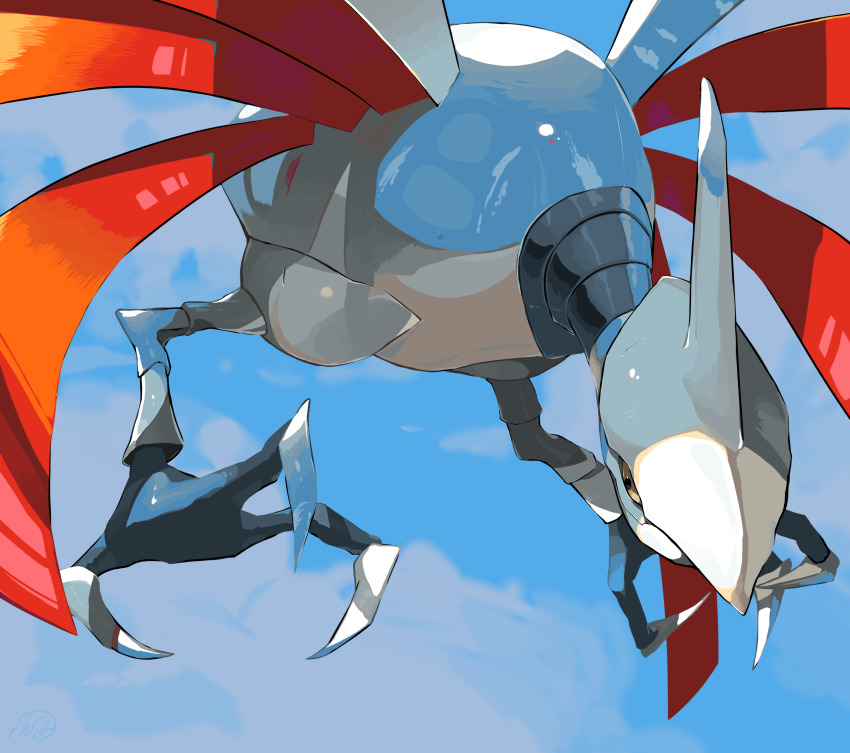 absurdres closed_mouth commentary_request day from_below gen_2_pokemon highres nintendo no_humans outdoors pokemon pokemon_(creature) skarmory sky solo talons yunimaru