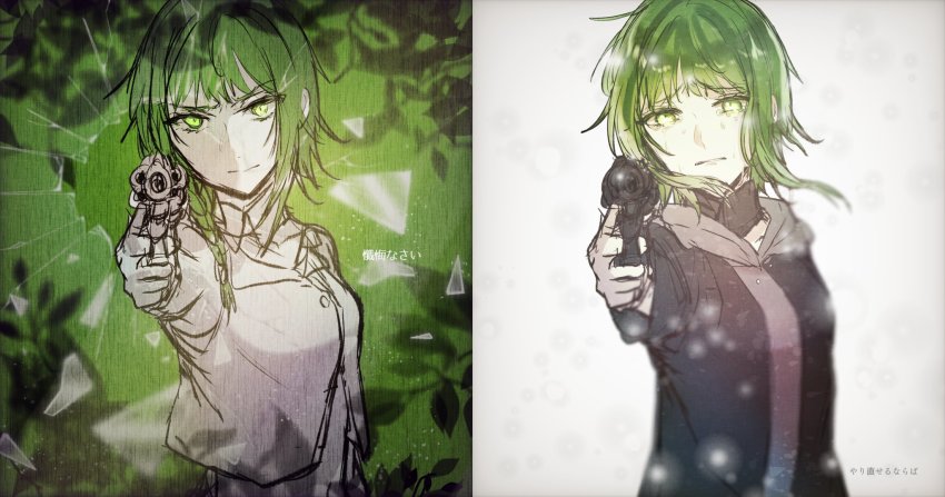 1girl aiming aiming_at_viewer crying crying_with_eyes_open detached_collar evillious_nendaiki frown green_eyes green_hair grey_jacket gumi gun handgun highres holding holding_gun holding_weapon hood hooded_jacket jacket nemesis_no_juukou_(vocaloid) nemesis_sudou pointing pointing_at_viewer revolver sad saigo_no_revolver_(vocaloid) short_hair_with_long_locks sketch snow streaming_tears tears vocaloid warabi_(danngo-mitarasi) weapon