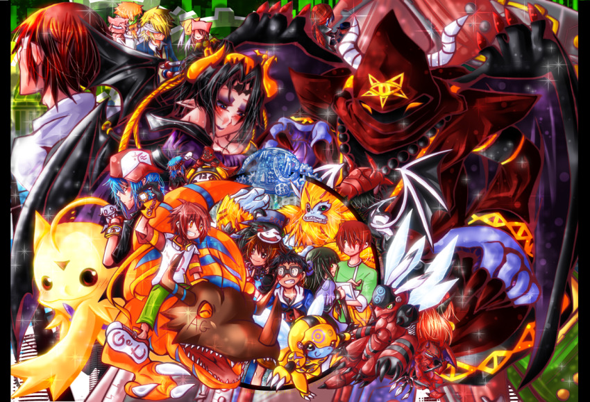 bearmon boogiemon clockmon demon_(digimon) digignome digimon digimon_(creature) flybeemon greymon honeybeemon lilithmon looking_at_another mask oridigi sharp_teeth smile teeth wings