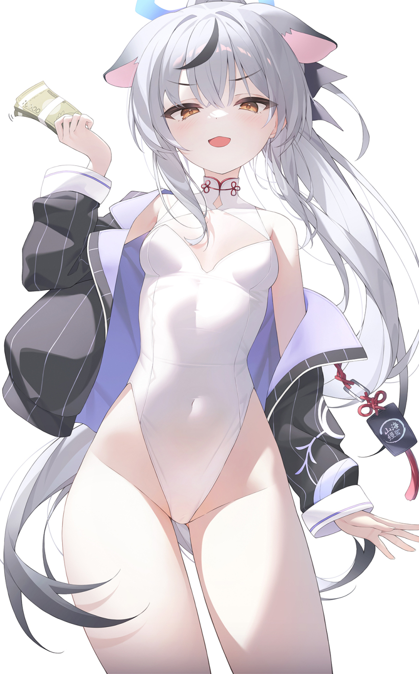 1girl alternate_costume alternate_hairstyle animal_ears bare_shoulders black_hair black_jacket blue_archive blue_halo blush breasts commentary_request covered_navel cowboy_shot grey_hair halo hand_up highleg highleg_leotard highres holding holding_money infinity_(kkx132) jacket kokona_(blue_archive) leotard lion_ears lion_girl long_hair looking_at_viewer money multicolored_hair nontraditional_playboy_bunny off_shoulder open_mouth orange_eyes playboy_bunny ponytail simple_background small_breasts smile smug solo streaked_hair striped_clothes striped_jacket thighs v-shaped_eyebrows vertical-striped_clothes vertical-striped_jacket white_background white_leotard