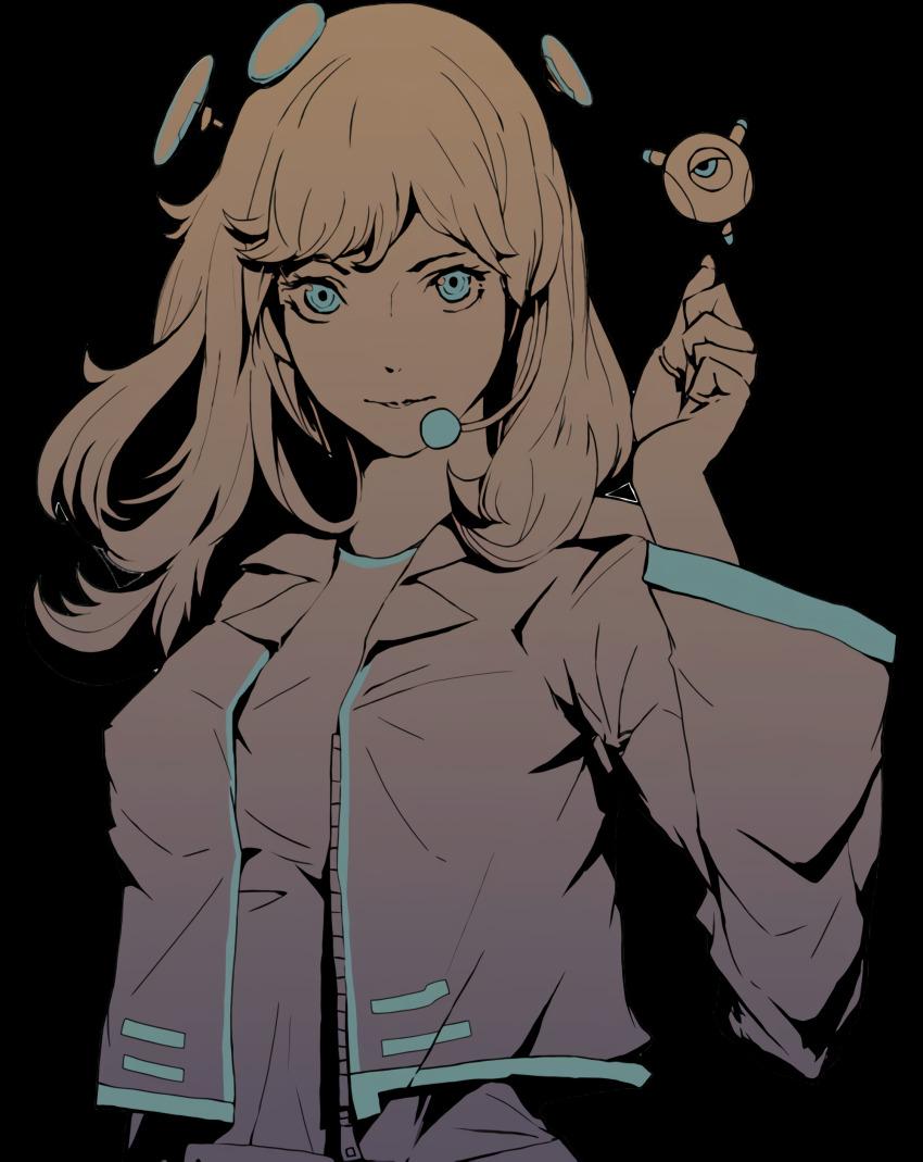 1girl absurdres black_background blue_eyes closed_mouth cropped_jacket cytus cytus_ii drone earpiece floating hand_up headgear headset highres jacket limited_palette long_hair long_sleeves looking_at_viewer microphone official_art open_clothes open_jacket paff_(cytus) robot shirt simple_background solo spot_color upper_body wide_sleeves
