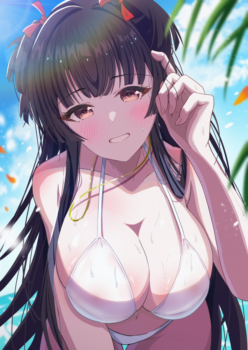 1girl absurdres bikini blunt_bangs blurry blush breasts commentary_request depth_of_field falling_petals fingernails halterneck highres idolmaster idolmaster_shiny_colors jewelry ketyadonn_pix large_breasts leaning_forward long_hair looking_at_viewer mayuzumi_fuyuko navel necklace outdoors petals smile solo stomach sweat swimsuit two_side_up very_long_hair white_bikini