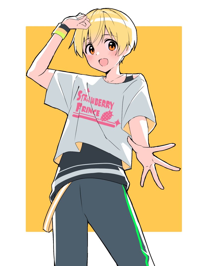 1boy arm_up blonde_hair border clothes_writing copyright_name cowboy_shot grey_pants hair_between_eyes hashtag-only_commentary highres kai_(shell) looking_at_viewer male_focus open_mouth orange_eyes pants root_(stpri) shirt short_hair short_sleeves smile standing strawberry_prince white_border white_shirt wristband