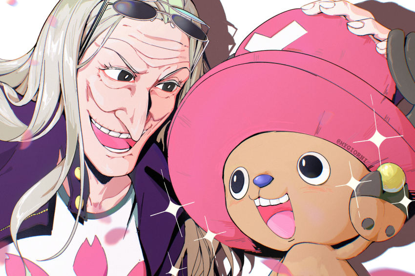 1boy 1girl antlers antlers_through_headwear ball black_eyes dr._kureha eyewear_on_head grey_hair hand_on_headwear hat highres holding holding_ball horns long_hair looking_at_another mygiorni old old_woman one_piece open_mouth pink_headwear reindeer_antlers round_eyewear smile sunglasses teeth tony_tony_chopper top_hat