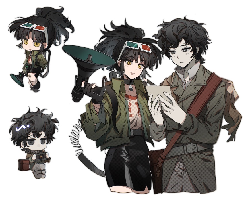 1boy 1girl 3d_glasses :d an-an_lee backpack bag black_bag black_choker black_eyes black_footwear black_gloves black_hair black_skirt brown_bag brown_footwear chibi chibi_inset choker click_(reverse:1999) closed_mouth clothes_writing commission cowboy_shot cropped_legs dot_mouth eyewear_on_head fingerless_gloves full_body gauze gauze_on_knee gloves green_jacket grey_jacket grey_pants hands_up highres holding holding_megaphone holding_photo hose jacket jinzhi_jiamei looking_at_object medium_hair megaphone miniskirt open_clothes open_jacket open_mouth pale_skin pants parted_lips pencil_skirt photo_(object) ponytail reverse:1999 second-party_source shirt short_hair shoulder_bag skirt smile socks white_background white_shirt white_socks yellow_eyes yin_yang