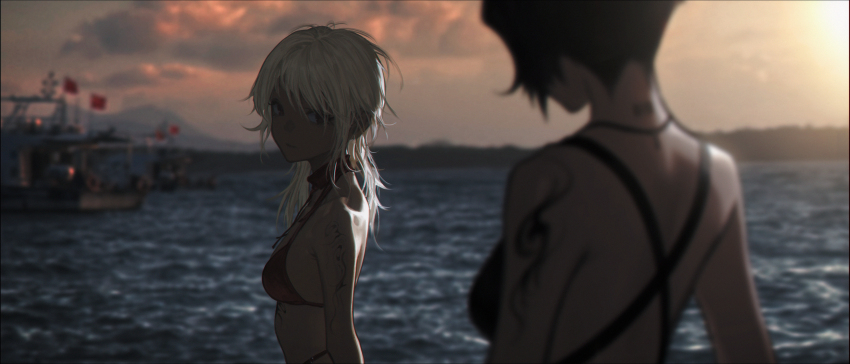 2girls absurdres asymmetrical_hair bikini black_bikini black_hair blonde_hair blurry boat breasts brown_eyes closed_mouth cloud commentary criss-cross_back-straps depth_of_field halterneck highres jewelry looking_at_another medium_breasts medium_hair multiple_girls neck_tattoo necklace ocean original outdoors red_bikini scenery short_hair shoulder_tattoo sky standing stomach_tattoo sunset swimsuit symbol-only_commentary tattoo upper_body wang-xi watercraft