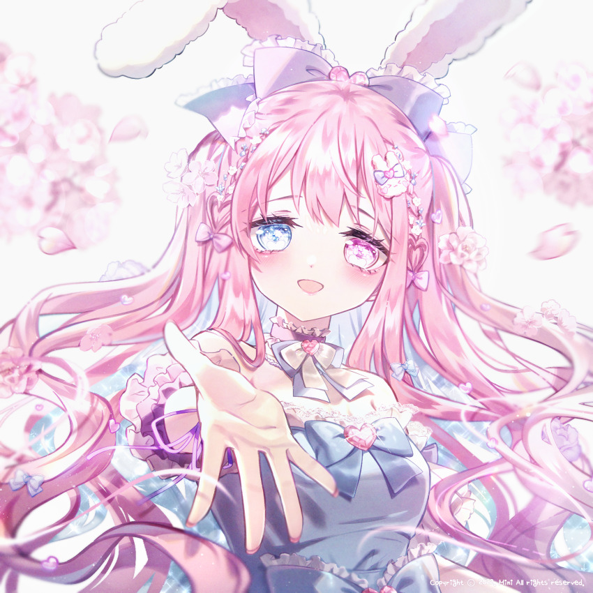1girl :d animal_ears blue_bow blue_dress blue_eyes blurry blurry_background bow breasts commission danby_merong depth_of_field dress frilled_bow frills hair_bow heart heterochromia highres long_hair looking_at_viewer medium_breasts open_mouth original outstretched_arm petals pink_hair purple_eyes rabbit_ears smile solo upper_body very_long_hair