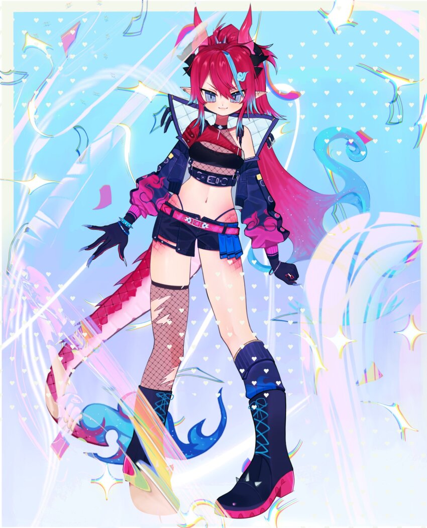 1girl belt black_boots black_jacket black_panties black_shorts blue_background blue_cape blue_hair boots cape cloud_hair_ornament cropped_jacket cropped_shirt dragon_girl dragon_horns dragon_tail fishnet_thighhighs fishnet_top fishnets grey_eyes hair_ornament highres horns chromashift jacket kai_saikota long_hair midriff milmikut multicolored_hair navel panties panty_straps pink_belt pointy_ears ponytail red_hair scales shirt short_shorts shorts sidelocks single_thighhigh smile solo streaked_hair tail thighhighs two-tone_background underwear virtual_youtuber waist_cape white_background